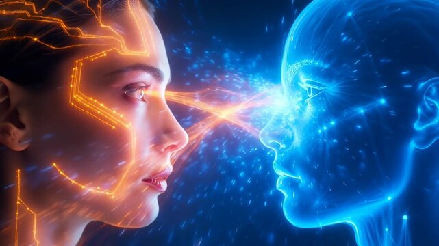 Close-up of woman and digital AI entity connecting via glowing data streams.
