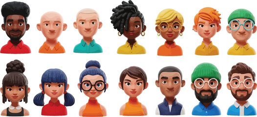 3D portraits of happy diverse adult men and women on transparent background, cartoon characters set for workers, users, customers, clients, avatars, profile icons, and business or social illustrations © PrimePixel Co