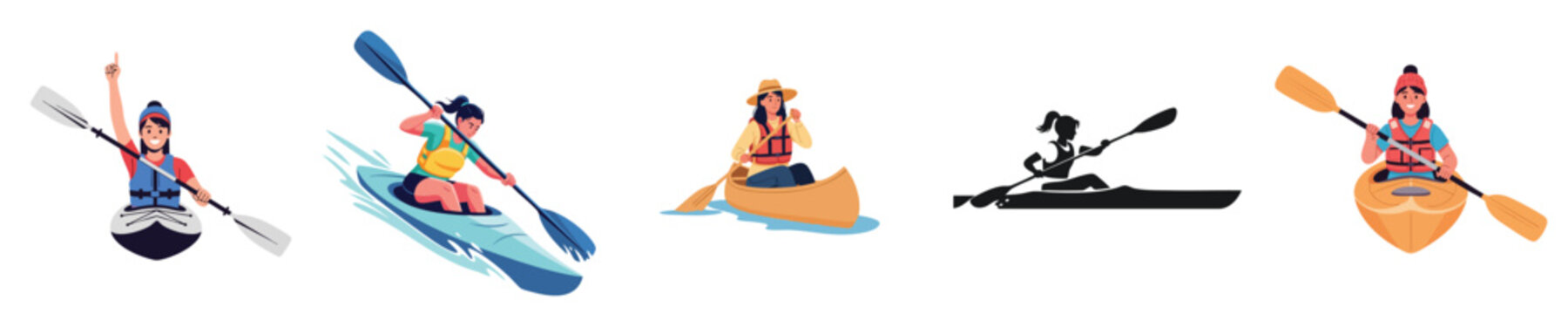Women Kayaking Adventure Paddling Water Outdoor Recreation Flat Vector Set