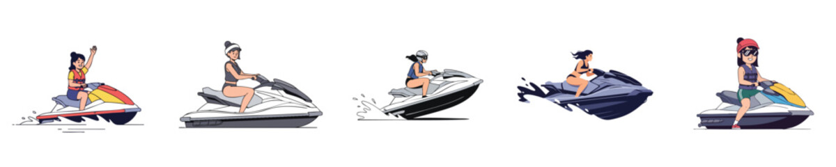 Naklejka premium Women Jet Ski Sport Riding Action Water Fitness Flat Vector Set