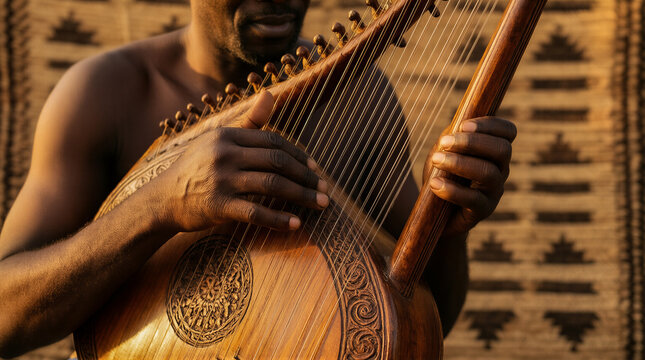 African musician playing traditional string instrument with focused expression