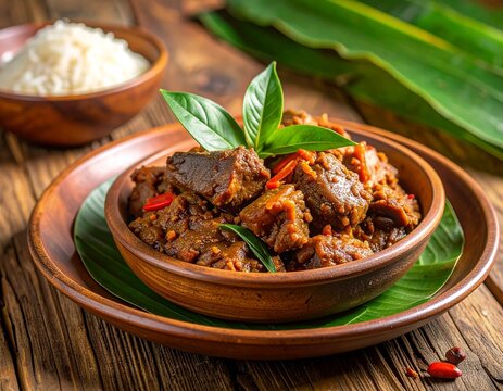 Traditional Indonesian beef rendang served on wooden table, banana leaf accent, clay plate presentation, warm natural lighting, authentic texture, professional food photography