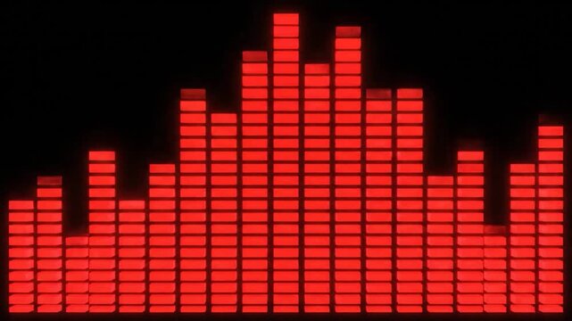 Vibrant red digital o equalizer bars dynamically move on a dark black