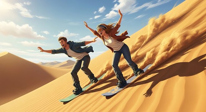 Two individuals sandboarding down a massive sand dune in the desert. They are experiencing the thrill of speed with their arms raised up high