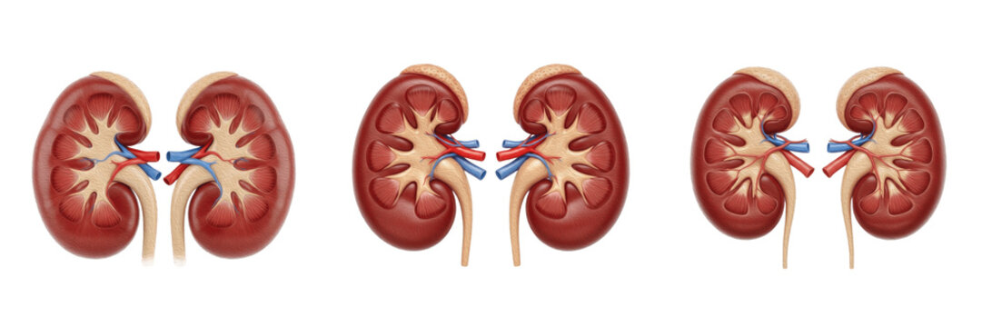 Human kidneys isolated on white background, renal anatomy, nephron, left kidney, right kidney, urinary system, kidney organ, renal cortex, renal medulla, nephrology illustration, human internal organ