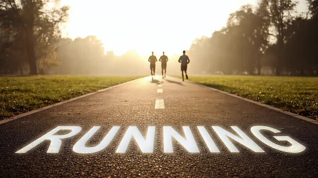 Runners on a serene park road at sunrise with 'RUNNING' painted on the asphalt, symbolizing fitness, health, and outdoor activity