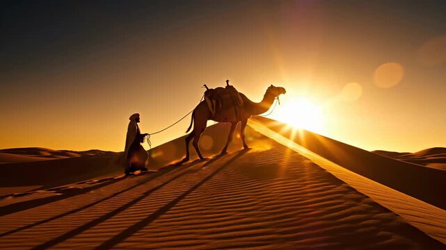 Golden hour desert trek, featuring a nomad leading a camel up a massive sand dune silhouette. Ideal for historical travel and adventure content.