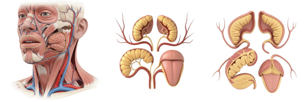 Human salivary glands isolated on white background, parotid, submandibular, sublingual glands, saliva production, digestive system, oral glands, medical illustration, human internal organ, salivary gl