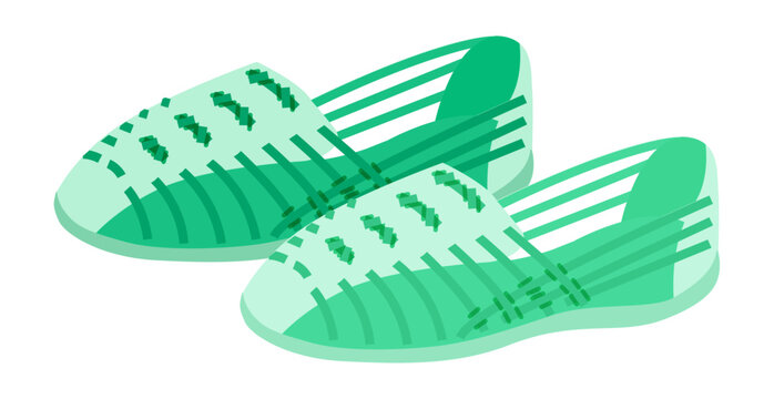 Huarache Green fisherman sandal shoe women flat pair. Transparent cage strap sandal pool deck sea shore. Technical fashion illustration CAD mockup soft vector man unisex isolated contemporary style.