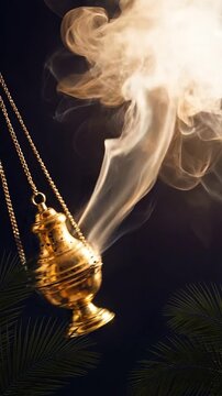 Vertical Video-Swinging Gold Thurible Incense Burner Emitting Smoke on Dark Background