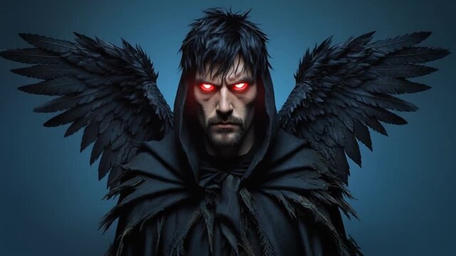 Hooded man with black wings and glowing red eyes