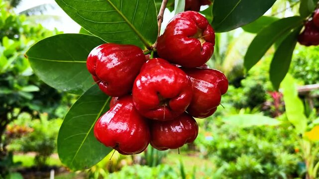 Vibrant Red Water Apples Bunch Hanging From Tropical Tree Branch