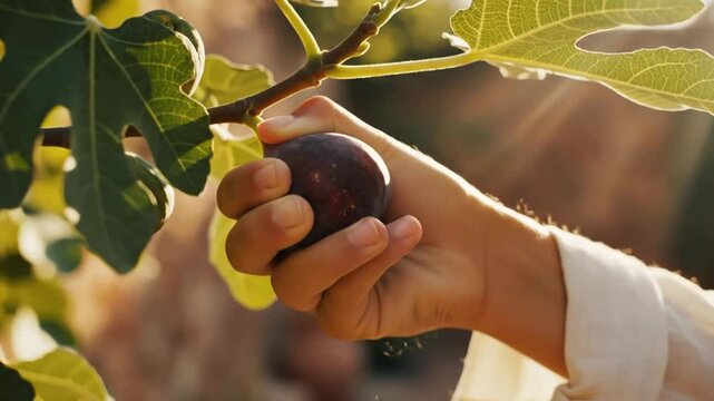 Hand Holding Ripe Fig Fruit Under Green Leaves in Sunlight hand holding fig