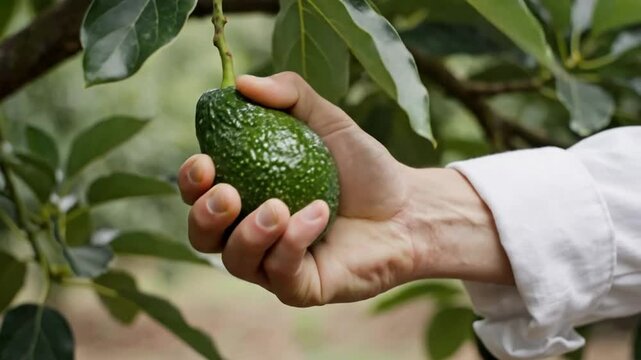 Hand Holding Ripe Avocado on Tree Branch with Green Leaves Healthy Food Concept hand holding avocado