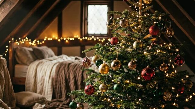 christmas tree with balls. A cozy, rustic attic decorated for the holidays features a beautifully adorned Christmas tree, warm lights, and a comfortable bed with soft blankets