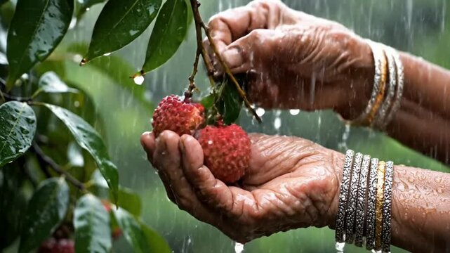 Closeup of wet hands holding red lychee fruits under raindrops with green leaves and bangles on wrists