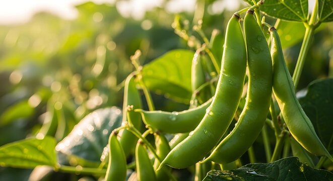 Close-up of fresh green soybean pods glistening with morning dew in a sunlit field