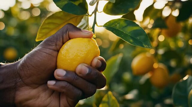 Hand Holding Ripe Lemon on Tree Branch with Green Leaves and Sunlight hand holding lemon tree
