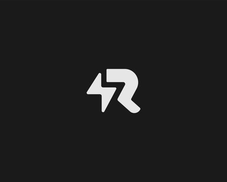 A letter R and lightning logo design. Monochrome flash energy sign. Minimalistic vector monogram.