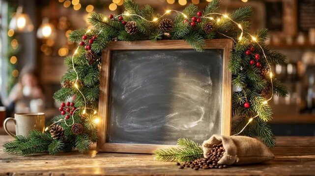 green christmas decorations. A cozy, rustic setting featuring a wooden frame adorned with festive greenery, pinecones, and fairy lights, with a chalkboard ready for holiday messages