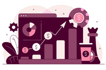 Obraz premium A vector graphic illustration of a computer screen displaying financial charts and graphs with dollar signs and a chess piece