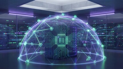 Fototapeta premium Advanced Microchip Processor and Cyber Security Shield Over Mainframe Server in Futuristic Secure Data Center Environment