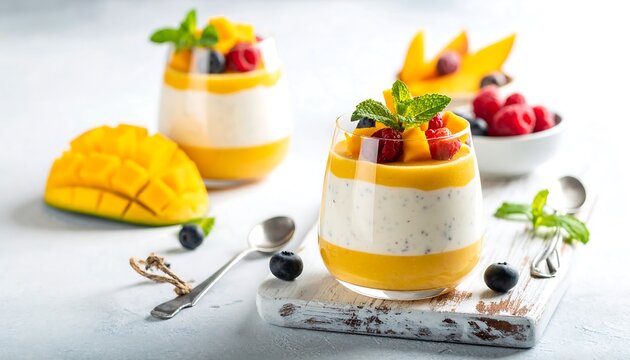 Layered desserts in clear glasses, featuring mango and berries, with mint sprigs