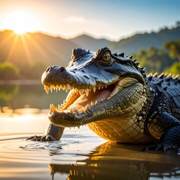 A wild alligator reptile rests in the dark Everglades water with its dangerous jaws and predator eyes visible like a prehistoric dinosaur
