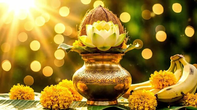 Traditional Indian festival setup with a decorated pot, flowers, and bananas on a leaf, conveying a celebratory mood for Ugadi or Gudi Padwa with warm tones.