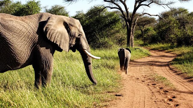 Majestic African elephant mother and calf walking on a dusty safari road in the savanna for wildlife documentaries and travel promotions.