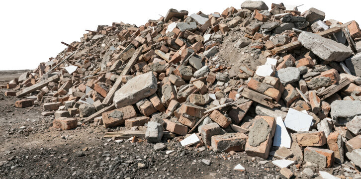 A large pile of construction debris consisting of broken bricks concrete pieces and wooden planks sits on the ground under a clear sky rubble demolition material waste building