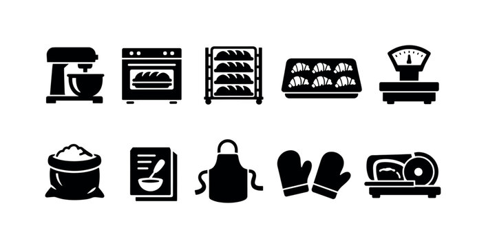 Baking silhouette icon set. Kitchen, pastry tools, bakery equipment icons collection