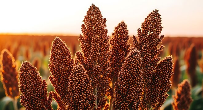 Close-up of ripe sorghum grain heads in a field at sunset, golden hour light