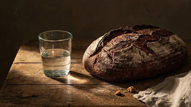 Rustic Loaf of Bread and Water Glass on Wooden Table