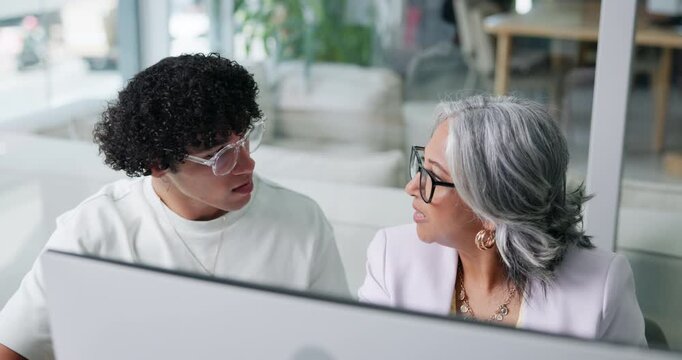 Marketing, review or people in workplace with computer, mentor advice or aid for campaign pitch. Collaboration, tech or creative director with assistance, help or feedback on brand awareness proposal