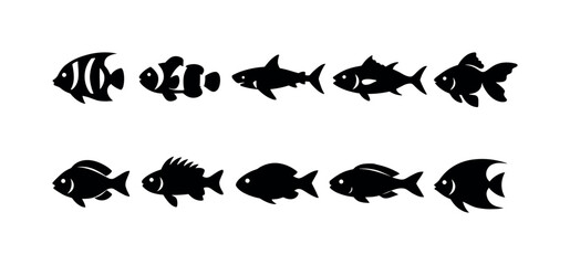 Fototapeta premium Aquatic animals silhouette icon set. Ocean, marine life, silhouette icons collection
