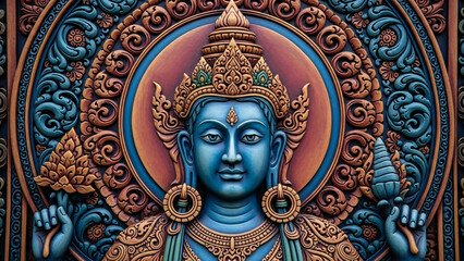 Obraz premium Ornate Blue Buddha Statue with Golden Accents.