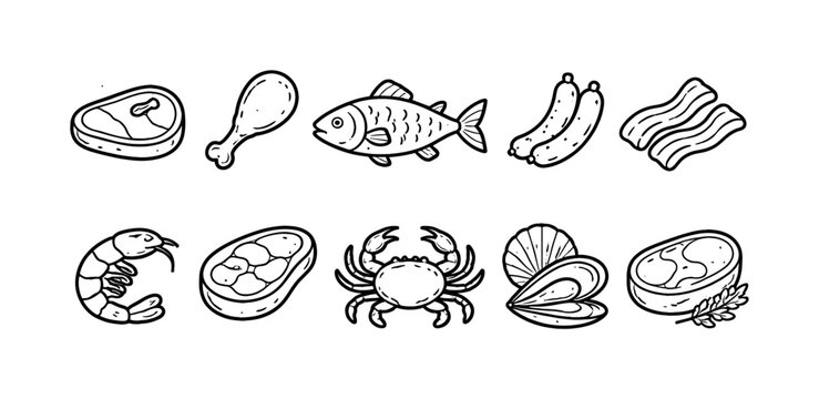 Seafood, meat outline icon set. Fresh, cooked, meat ingredients outline collection.