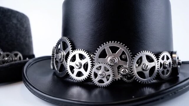 steampunk hats with gears, grey and black top hats on white background