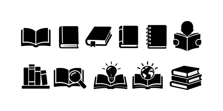 Education, books solid icon set. Learning, reading, study icons solid collection