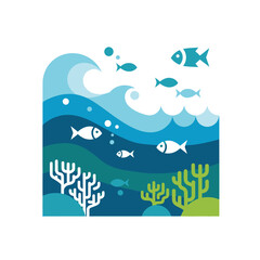 Obraz premium Flat design underwater scene with fish, waves, and coral