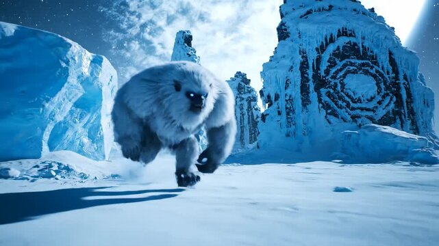 White yeti walking then running across a snowy icy landscape with distant ice formations and a planet in the sky