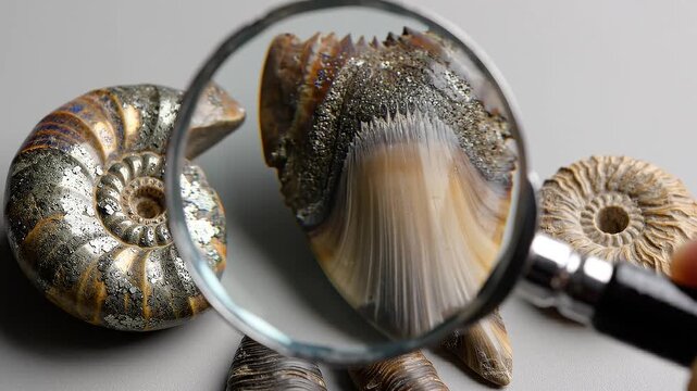 Close-up of ancient ammonite fossils being examined under a magnifying glass.