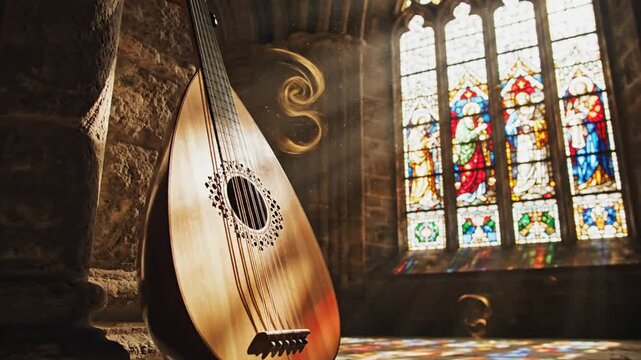 lute in church with stained glass window, music, spiritual, light