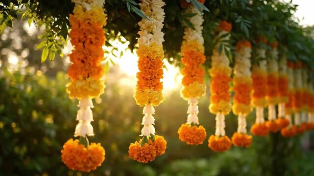 Vibrant orange and white flower garlands hanging from a lush green tree branch with sunlight shining through, representing a traditional Indian festival celebration like Ugadi or Gudi Padwa.