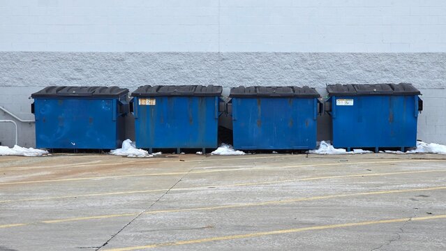 Group of Small 3 Yard Dumpsters Blue Recycling Containers Garbage Trash Municipal Waste Pick Up Collection Delivery Service Containment Local Industrial Services