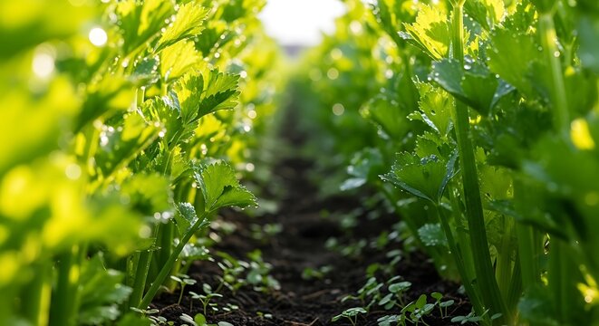 Rows of fresh green celery plants with water droplets in a field at sunrise