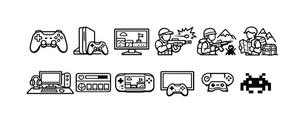 Obraz premium Gaming and esports outline icon set: console, pc, and mobile game concepts
