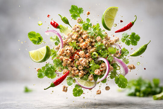 AI generated dynamic larb salad explosion with minced meat fresh herbs chili and lime juice suspended midair over clean background with copy space for food and culinary themes