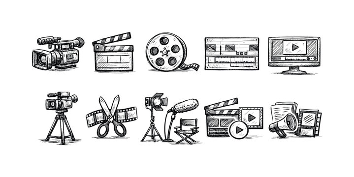 Video production sketch icon set. Film, editing, media tools outline collection